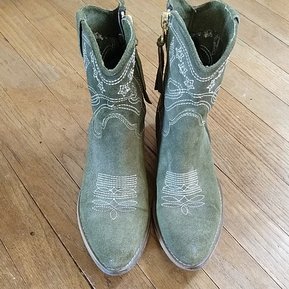 Green leather cowgirl booties